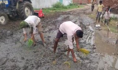 सड़क पर धान रोपकर ग्रामीणों ने जताया विरोध